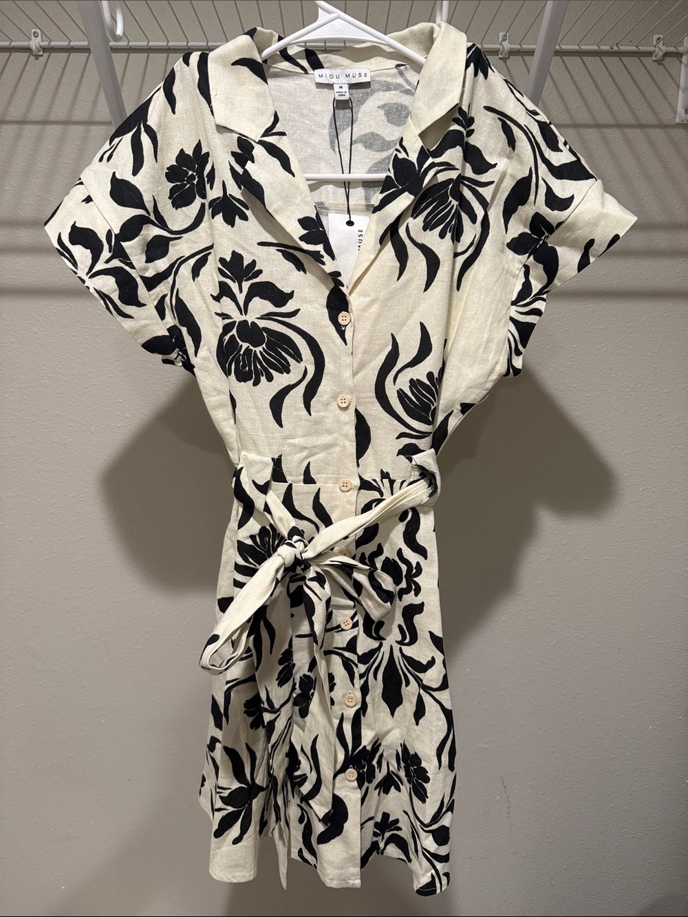 Miou Muse Black & Cream Floral Button-Front Mini Dress